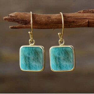 Turquoise Pattern Boho Chic Square Dangle Earrings, Gold Color Hardware